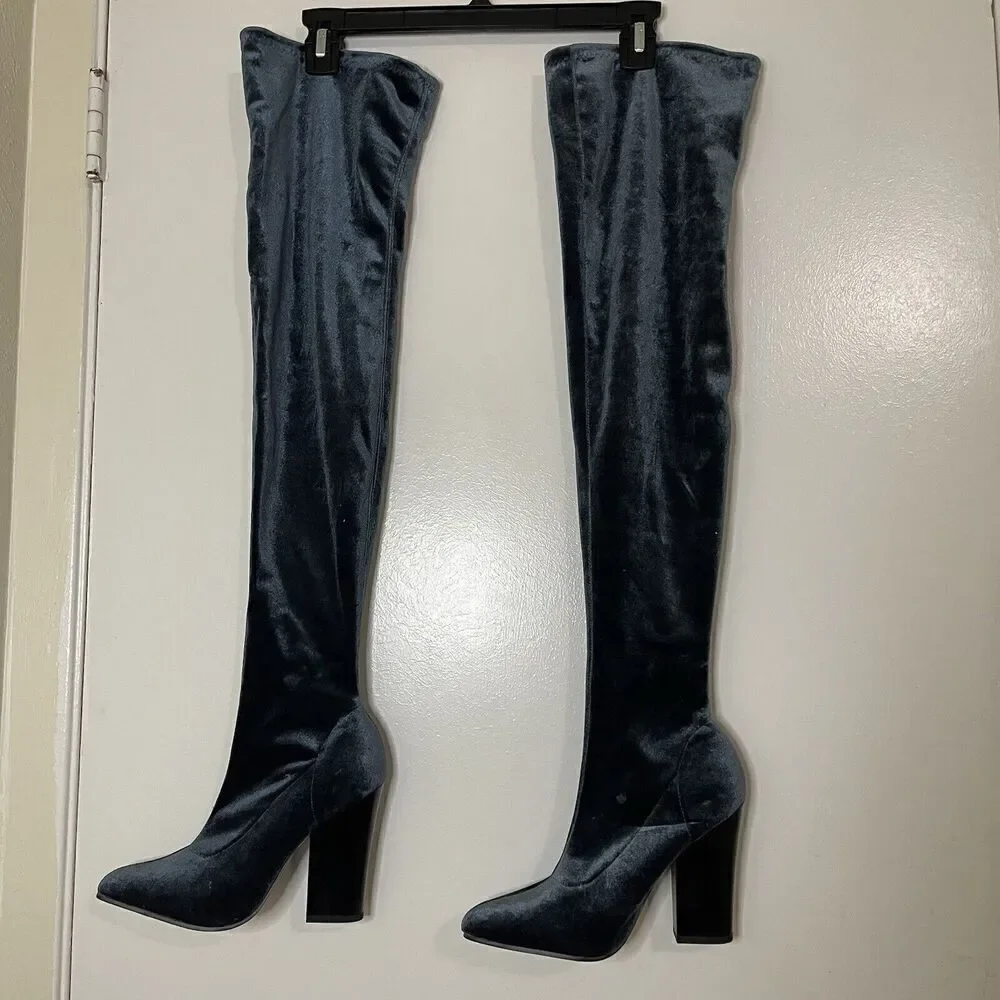 ZARA teal blue point toe velvet velour thigh high sock heeled boots 37 US 6.5